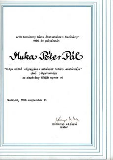 Dr. Komáromy János Állatsebészeti Alapítvány pályadíja — oklevél
